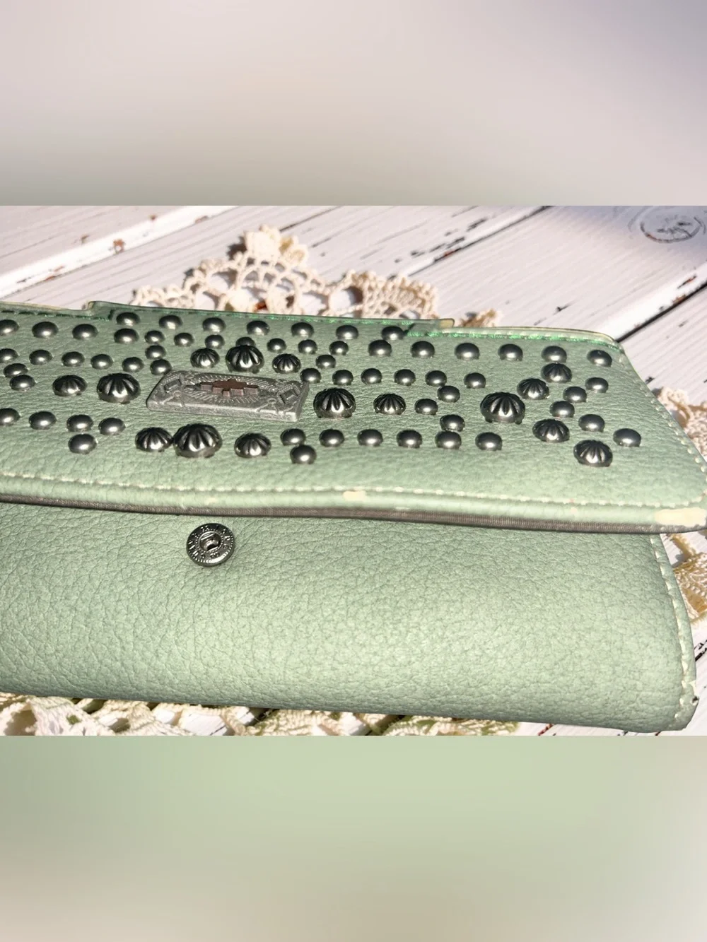 Montana West Green Studded Southwestern Western Black Leather Wallet Brand New